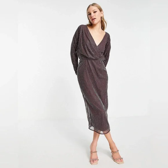 ASOS Design Beaded Long Sleeve midi dress in Purple at Nordstrom, Size 2 Us